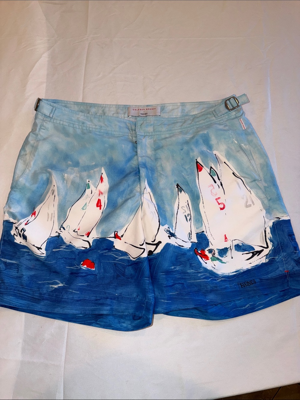 Orlebar Brown Bulldog x Richard Haines Blue with sail boats printed SZ 32